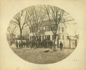 Group portrait of Company K, Massachusetts Infantry Regiment, 45th, Benjamin Ellis House, New Bern, North Carolina, 1862-1863