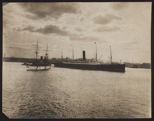 View of U.S.S. Olympia and S.S. Ivernia, Boston Harbor, Boston, Mass., undated