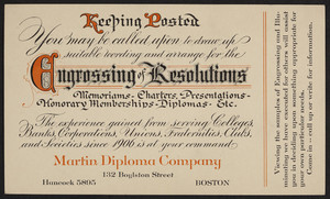 Postcard for the Martin Diploma Company, engrossing and illuminating, 132 Boylston Street, Boston, Mass., dated January 29, 1927