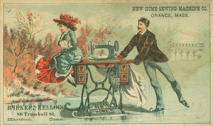 Trade card for the New Home Sewing Machine Company, Orange, Mass., depicting a man on ice skates pushing a woman seated on top of a sewing machine, undated