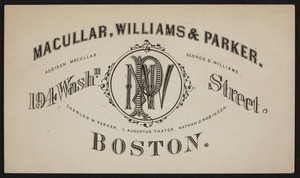 Trade card for Macullar, Williams & Parker, clothing, 194 Washington Street, Boston, Mass., undated