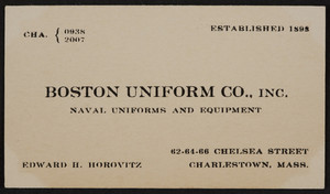 Trade card for the Boston Uniform Co., Inc., naval uniforms and equipment, 62, 64, 66, Chelsea Street, Charlestown, Mass., undated