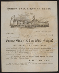 Handbill for Quincy Hall Clothing House, Bennett, White & Co., Boston, Mass., October 1, 1857