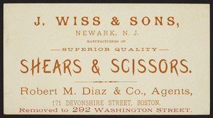 Trade card for J. Wiss & Sons, shears & scissors, Newark, New Jersey, undated