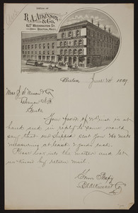 Letterhead for B.A. Atkinson & Co., furniture warerooms, 827 Washington Street, Boston, Mass., dated June 24, 1889