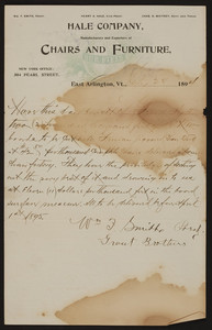 Letterhead for Hale Company, manufacturers and exporters of chairs and furniture, East Arlington, Vermont and 304 Pearl Street, New York, New York, dated July 28, 1894