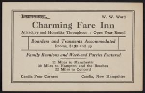 Trade card for the Charming Fare Inn, Candia Four Corners, Candia, New Hampshire, undated