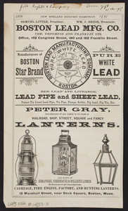 Advertisement for Peter Gray, manufacturer of and dealer in all kinds of railroad, ship, street, square and fancy lanterns, 12 Marshall Street, near Dock Square, Boston, Mass., 1891