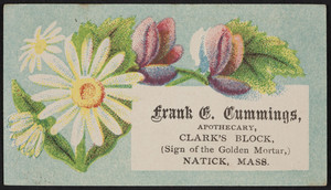 Trade card for Frank C. Cummings, apothecary, Clark's Block, Natick, Mass., undated