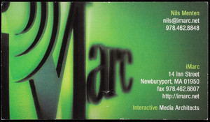 Business card for iMarc, interactive media architects, 14 Inn Street, Newburyport, Mass., undated