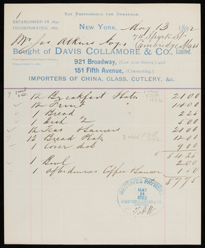 Billhead for Davis Collamore & Co., importers of china, glass, cutlery, 921 Broadway and 151 Fifth Avenue, New York, New York, dated May 13, 1892