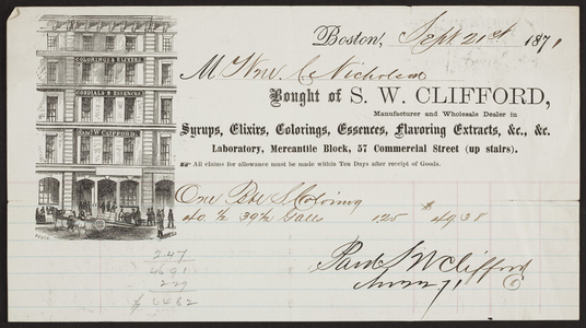 Billhead for S.W. Clifford, syrups, elixirs, Laboratory, Mercantile Block, 57 Commercial Street, Boston, Mass., dated September 21, 1871