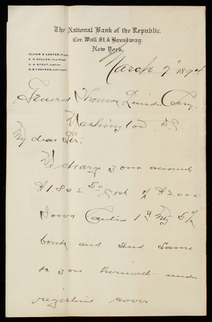 Charles H. Stout/National Bank of the Republic to Thomas Lincoln Casey, March 7, 1894