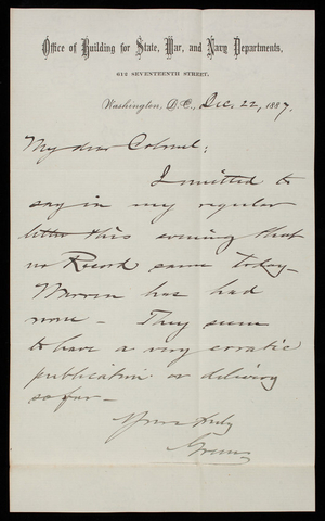 [Bernard R.] Green to Thomas Lincoln Casey, December 22, 1887