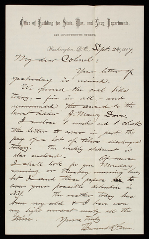 Bernard R. Green to Thomas Lincoln Casey, September 24, 1887