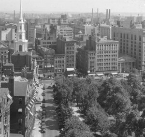 "View S.S.E. from State House, looking down Park St."