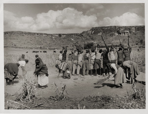 Villagers threshing and winnowing: group of men threshing grain, women winnowing