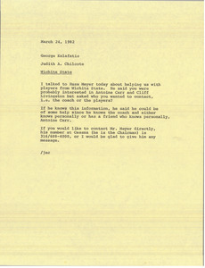 Memorandum from Judy A. Chilcote to George Kalafatis