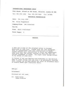 Fax from Mark H. McCormack to Brian Roggenburk