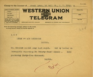 Telegram from Howard A. Dalton to Frank Lyman