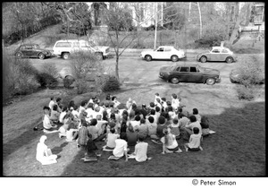 Ram Dass retreat at David McClelland's: Ram Dass speaking to group on lawn