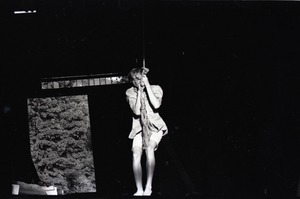 James 'Lazarus' Tapley swinging from a rope in the barn, Montague Farm commune