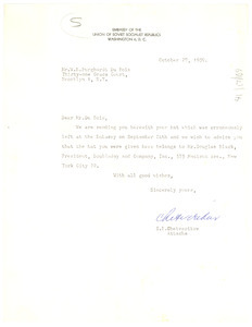 Letter from Embassy of the Union of Soviet Socialist Republics to W. E. B. Du Bois
