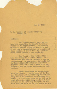 Letter from W. E. B. Du Bois to Atlanta University