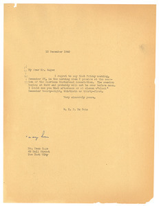 Letter from W. E. B. Du Bois to Dean Sage