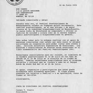 Letter from Carmen Ocasio to Noe Ibanez of ADE Corporation, requesting donations for Festival Puertorriqueño 1992