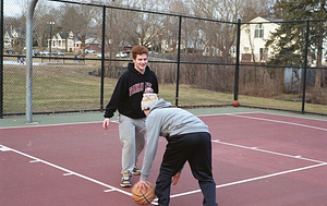 Playing basketball at Memorial Park