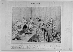 Un MAGASIN DE MODES. Un beau matin, une foule de femmes se sont avisées en Chine, de revendiquer les droits de l'homme, et aussitôt bon nombre d'hommes ont profité de l'occasion pour usurper les emplois de la femme. - Dans la capitale de l'Empire surtout, on ne voit plus que Chemisiers, Modistes mâles, Couturiers pour robes etc. etc., à Pékin on s'est déjà quelque peu fait à ces usages et à ces visages saugrenus, mais les étrangers qui entrent dans ces singuliers magasins, ne peuvent s'empêcher de s'écrier: ah! quels drôles de chinois!