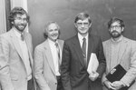 Group photograph of Suffolk University faculty at the College of Liberal Arts (CLAS) 50th Anniversary Symposium, photograph, 10/16/1984