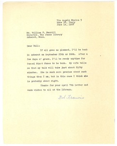 Letter from Robert Francis to William Merrill, July 14, 1958
