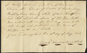 Marriage Intention of Ebenezer Johnson of Londonderry, New Hampshire and Lucinder Sears, 1826