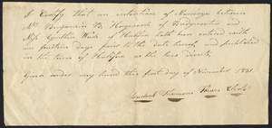 Marriage Intention of Benjamin Hayward of Bridgewater, Massachusetts and Cynthia Wade, 1831