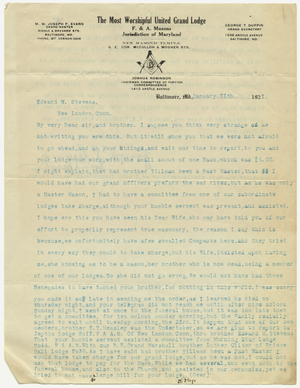 Letter from Grand Master Joseph P. Evans of Maryland, 1921 January 11