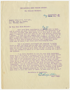 Letter from Reverend Octavius Singleton of the National Home Finding Society to Jephtha Lodge, No. 11, 1922 August 6