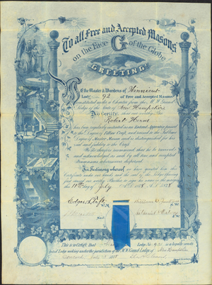 Master Mason certificate for Robert Herme