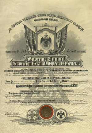 Honorary 33° certificate issued to Fredrick Henry Dorr, 1875 August 20,