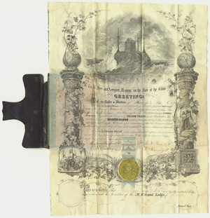 Master Mason certificate issued by Passumpsic Lodge, No. 27, to John R. Thompson, 1862 September 13