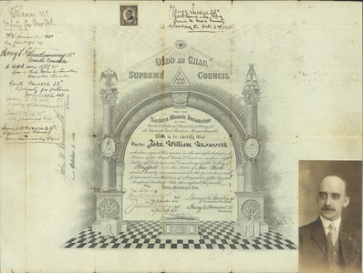 32° traveling certificate issued by Valley of Buffalo to John William Unsworth, 1918 October 1