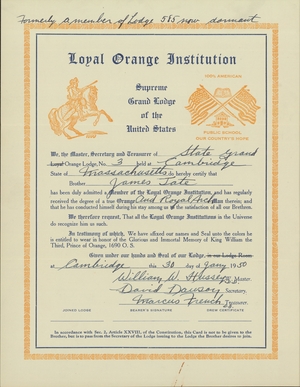 Membership certificate issued by State Grand Orange Lodge, No. 3, to James Tate, 1950 January 30