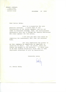 Letter from Edward L. Bernays to Suffolk University President Dennis C. Haley regarding the Bernays Lecture series to be hosted at the university.