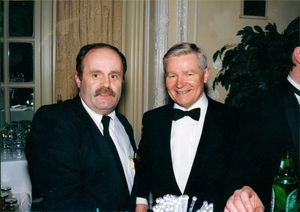 William Bulger (at right, in bowtie) with unidentified man at John Joseph Moakley's Silver Jubilee event