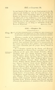 1787 Chap. 0038 An Act For Incorporating A Number Of The Inhabitants Of The Town Of Portland, In The County Of Cumberland, Into A Distinct And Seperate Religious Society.