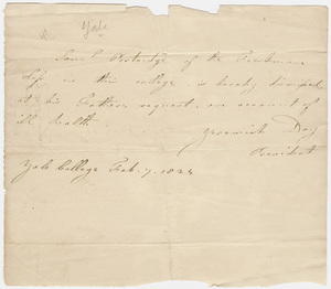 Jeremiah Day certification of Samuel Patridge's dismissal from Yale College, 1825 February