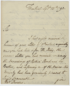 Jeffery Amherst letter to Henry Dundas, 1792 September 13