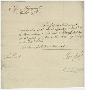 Supply order issued from the Office of Ordnance, countersigned by Jeffery Amherst, 1776 November 1