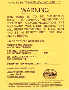 Poster mounted all around the pond before chemical treatment